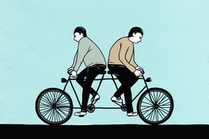 Illustration of male friends riding tandem bicycle in opposite directions