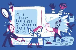 Unhappy business people cleaning up computer leak while burglar escapes with data