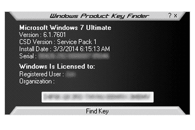 Screenshot of Windows Product Key Finder in Windows 7
