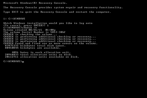 Screenshot of the chkdsk /r command and results in Windows XP Recovery Console