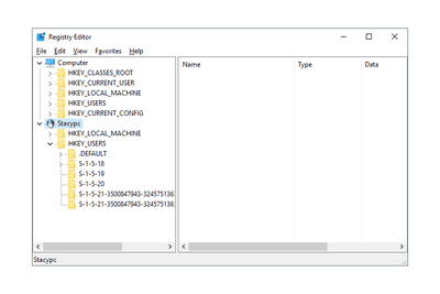Screenshot of registry editor in Windows 10 connecting to a remote registry