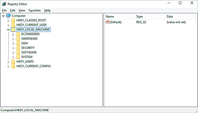 Screenshot of the HKEY_LOCAL_MACHINE hive in the Windows Registry in Windows 10