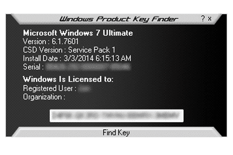Screenshot of Windows Product Key Finder in Windows 7