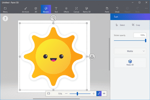 Screenshot showing a Paint 3D sticker of a sun