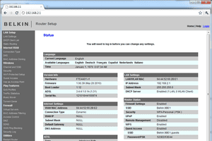 Screenshot of a Belkin router logged in with the 192.168.2.1 IP address
