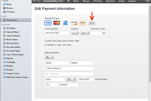 Editing the credit card information in iTunes.