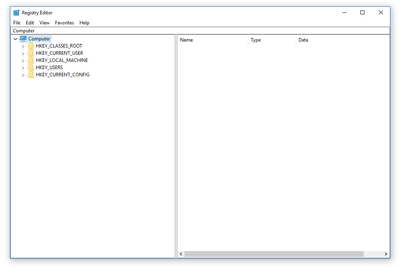 Screenshot of the registry hives in the Windows 10 Registry Editor