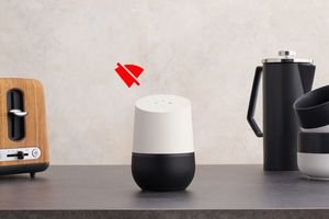 Photo of a Google Home device with a Wi-Fi disconnected icon representing an issue with the internet connection