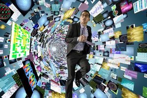 Man in tunnel of digital information