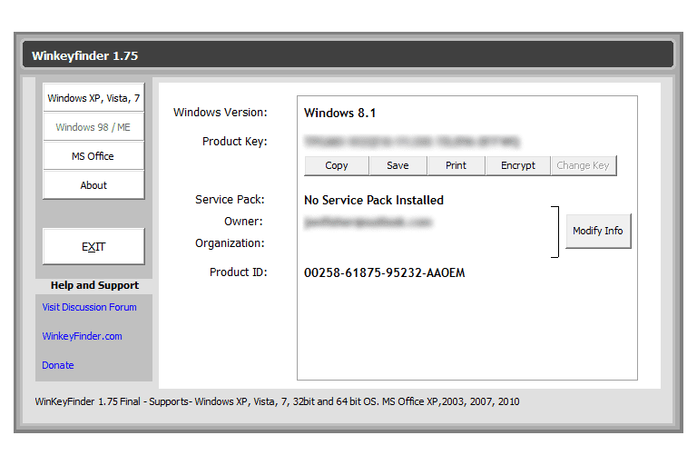 Screenshot of Winkeyfinder v1.75 in Windows 8