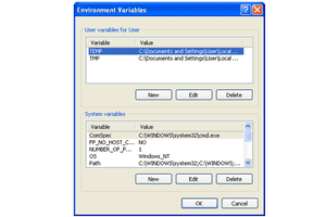 Screenshot of the Environment Variables Dialog Box in Windows XP