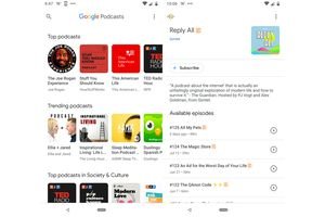 Screenshots of Google Podcasts app, showing a list of podcasts, and a list of episodes