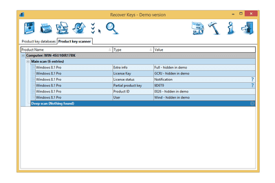 Screenshot of the Recover Keys demo keyfinder program