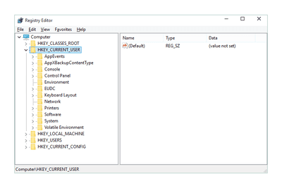 Screenshot of the HKEY_CURRENT_USER Registry Hive in Windows 10