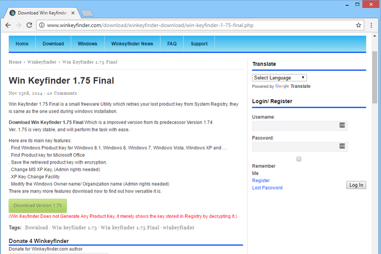 Screenshot of the Winkeyfinder download button