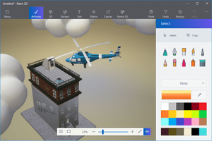 Screenshot of Paint 3D models including clouds, 3D text, and a helicopter