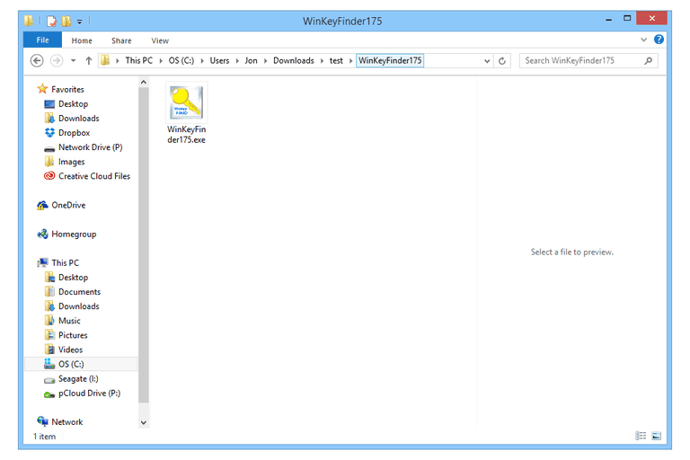 Screenshot of Winkeyfinder extracted in Windows 8