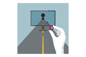 Illustration of road leading to a computer a hand holding a key