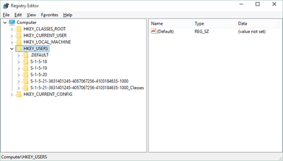 Screenshot of the HKEY_USERS hive in the Windows Registry in Windows 10