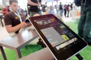 A Nexus 7 tablet is shown at the Google Developers Conference running the latest Android Jelly Bean OS.