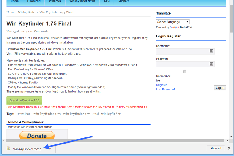 Screenshot of Winkeyfinder downloaded in Google Chrome