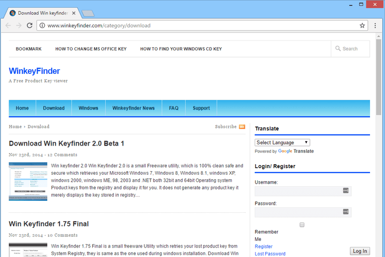 Screenshot of the Winkeyfinder download page