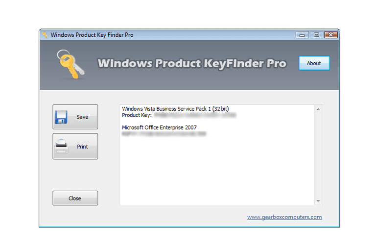Screenshot of Windows Product Key Finder Pro v2.5 in Windows Vista