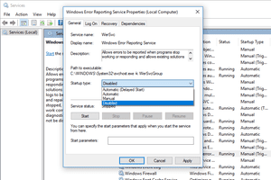 Screenshot of the Windows Error Reporting Service Properties window in Windows 10