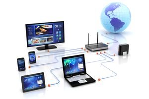 A screen shot showing a laptop, tablet computer, desktop computer, wireless router, and two phones connected to the World Wide Web.