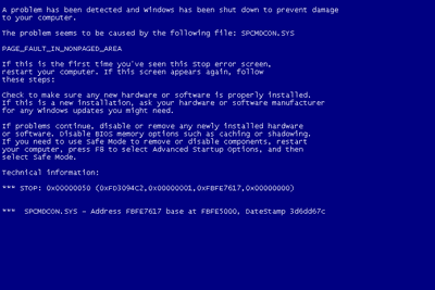 Screenshot of a Windows XP BSOD with a Stop Code