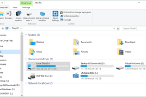 Screenshot of the This PC area of Windows Explorer in Windows 10, once place to view a hard drive's free space