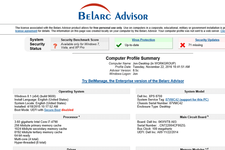 Screenshot of Belarc Advisor 8.5c in Windows 10