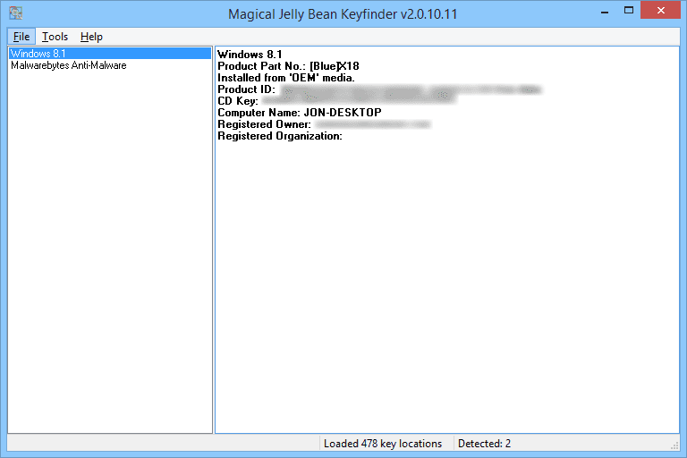 Screenshot of Magic Jelly Bean Keyfinder v2.0.10.11 in Windows 8