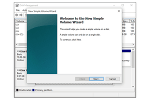 Screenshot of the New Simple Volume Wizard in Windows 10