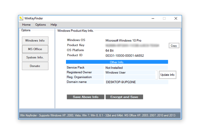 Screenshot of Winkeyfinder v2.0 in Windows 10