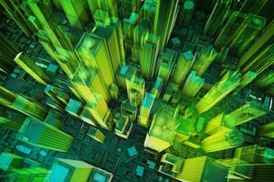 Aerial view of 3D rendered buildings
